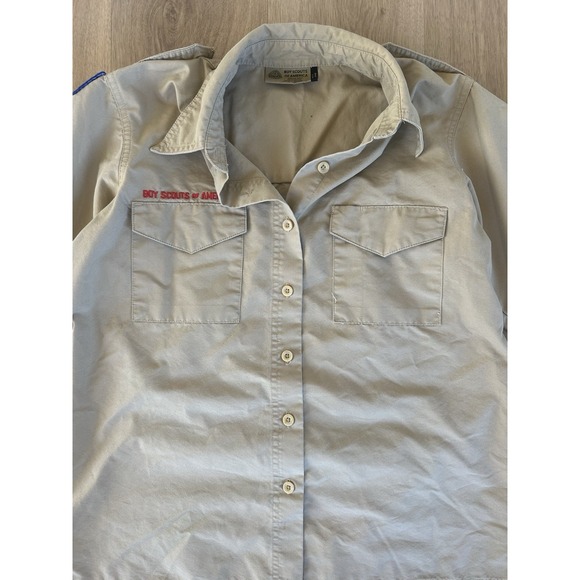 Vintage Boy Scouts Of America Button Up Uniform Shirt Ladies M Pockets Beige - Picture 2 of 7